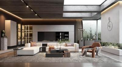 现代客厅 沙发茶几组合 沙发背景墙 休闲椅 落地灯 客厅壁炉 酒精壁炉